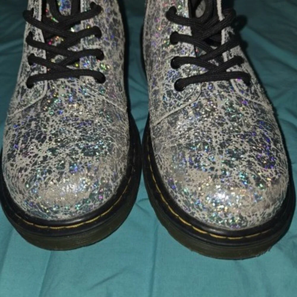 Dr. Martens 1460 Kids Silver Glitter Combat Ankle Boots Lace-Up Side Zip US 2